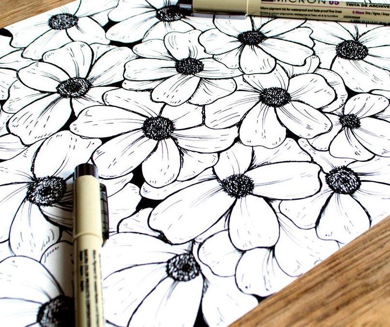 Hoe teken ik een bloem in zwart wit met fineliners?